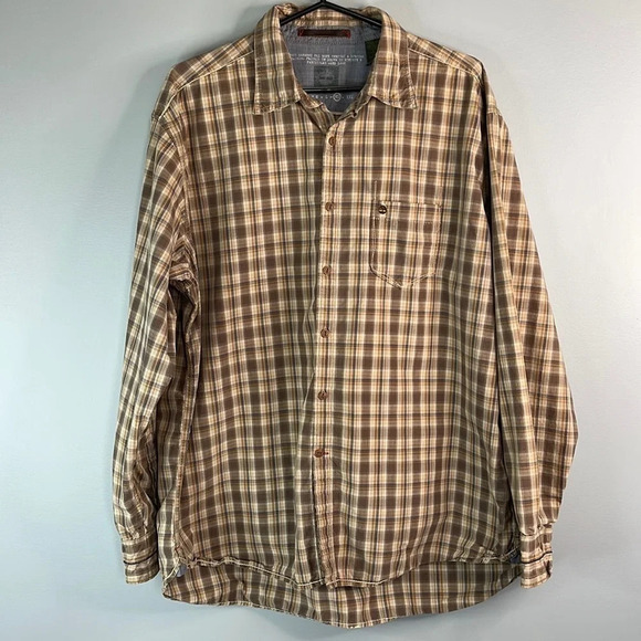 TIMBERLAND Mens Aged Washed Plaid Shirt Tan Brown Organic Cotton Long Sleeve XL - Picture 13 of 13